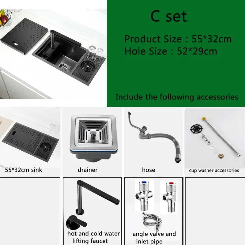 Black Stainless Steel Kitchen Sink 55x32cm Single Bowl Bar Sink with Cup Washer Built In Design