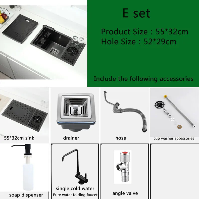 Black Stainless Steel Kitchen Sink 55x32cm Single Bowl Bar Sink with Cup Washer Compact Built In Design
