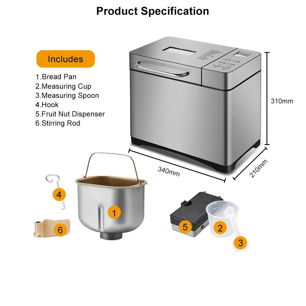 1KG Automatic Bread Maker 650W 19-in-1 Programmable Bread Machine 3 Loaf Sizes with Fruit Nut Dispenser