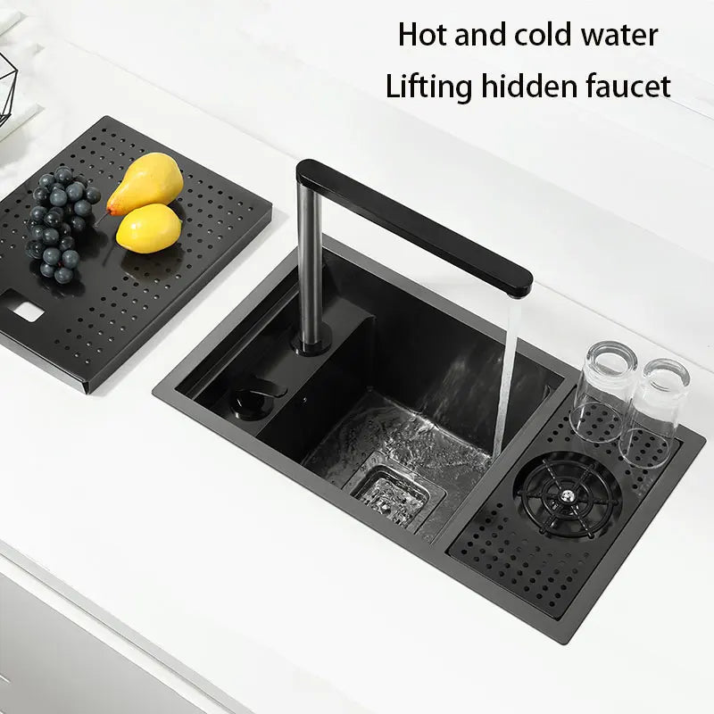 Black Stainless Steel Kitchen Sink 55x32cm Single Bowl Bar Sink with Cup Washer Compact Balcony Sink