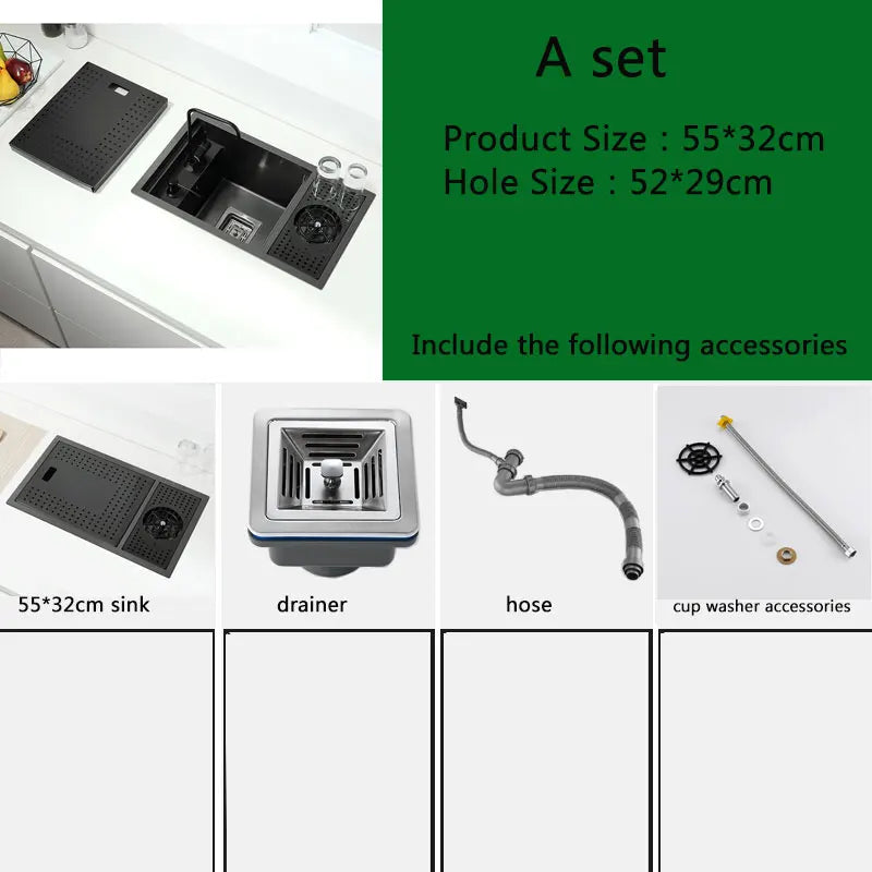 Black Stainless Steel Kitchen Sink 55x32cm Single Bowl Bar Sink with Cup Washer Concealed Design