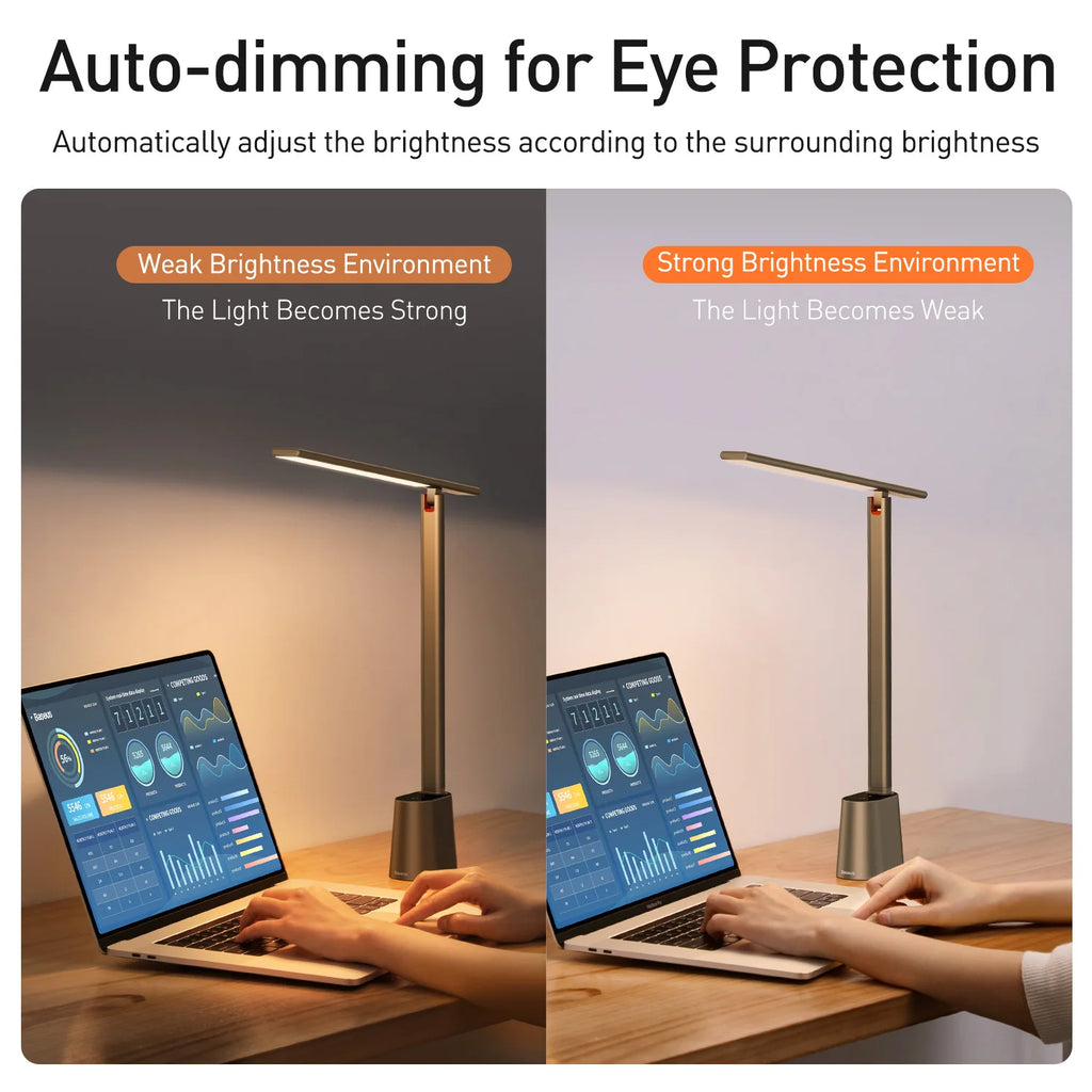 LED Desk Lamp Eye Protection Study Light Dimmable Office Table Lamp Foldable Reading Bedside Smart Adaptive Brightness Grey 0-5W