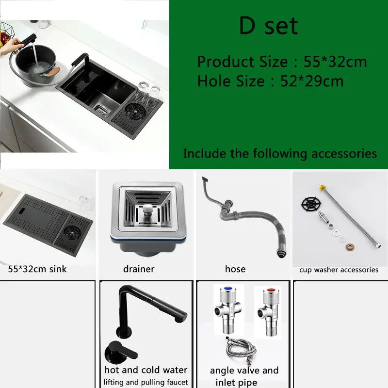Black Stainless Steel Kitchen Sink 55x32cm Single Bowl Bar Sink with Cup Washer Compact Built In Design