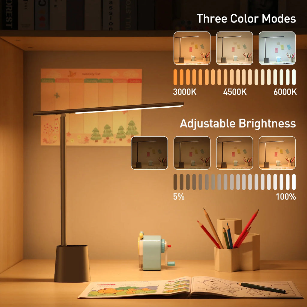 LED Desk Lamp Eye Protection Study Light Dimmable Office Table Lamp Foldable Reading Bedside Smart Adaptive Brightness Grey 0-5W
