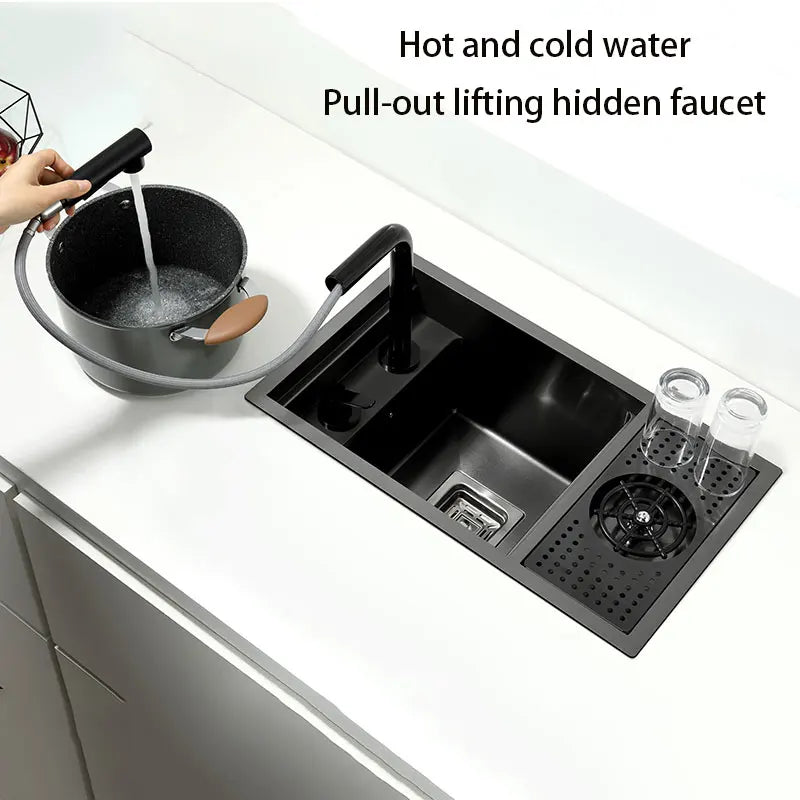 Black Stainless Steel Kitchen Sink 55x32cm Single Bowl Bar Sink with Cup Washer Concealed Design