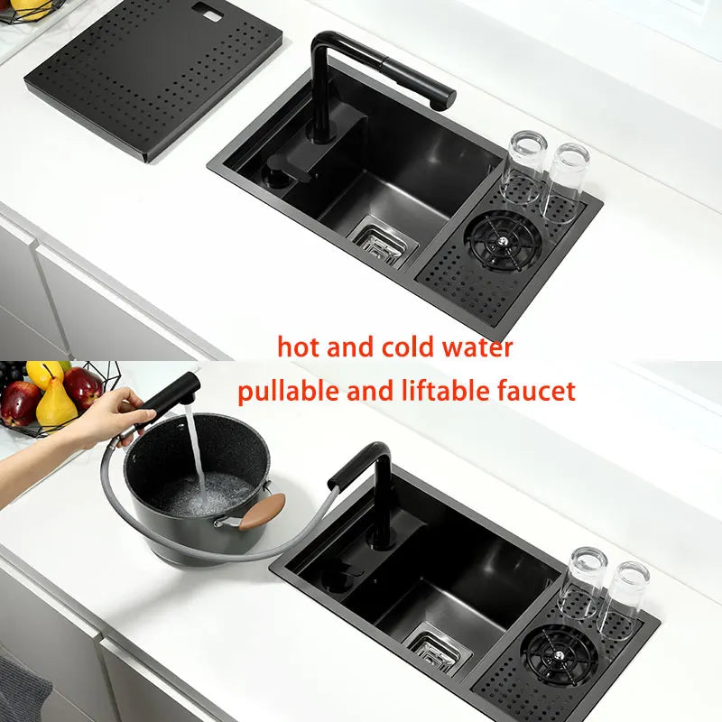 Black Stainless Steel Kitchen Sink 55x32cm Single Bowl Bar Sink with Cup Washer Compact Concealed Design