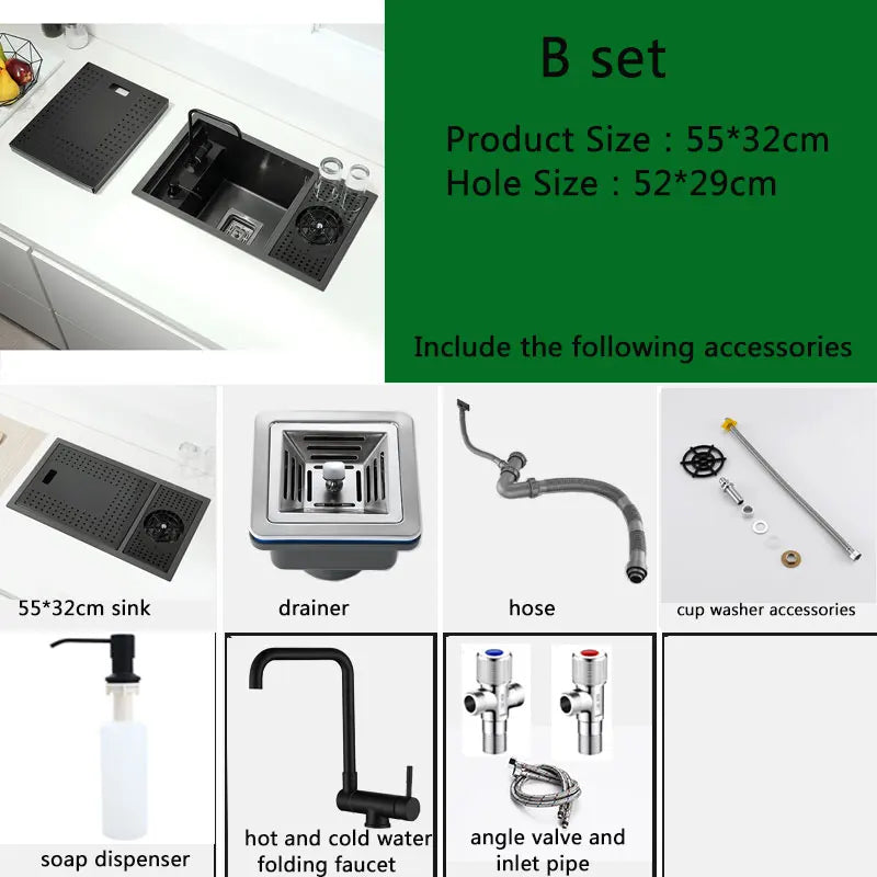 Black Stainless Steel Kitchen Sink 55x32cm Single Bowl Bar Sink with Cup Washer Compact Concealed Design