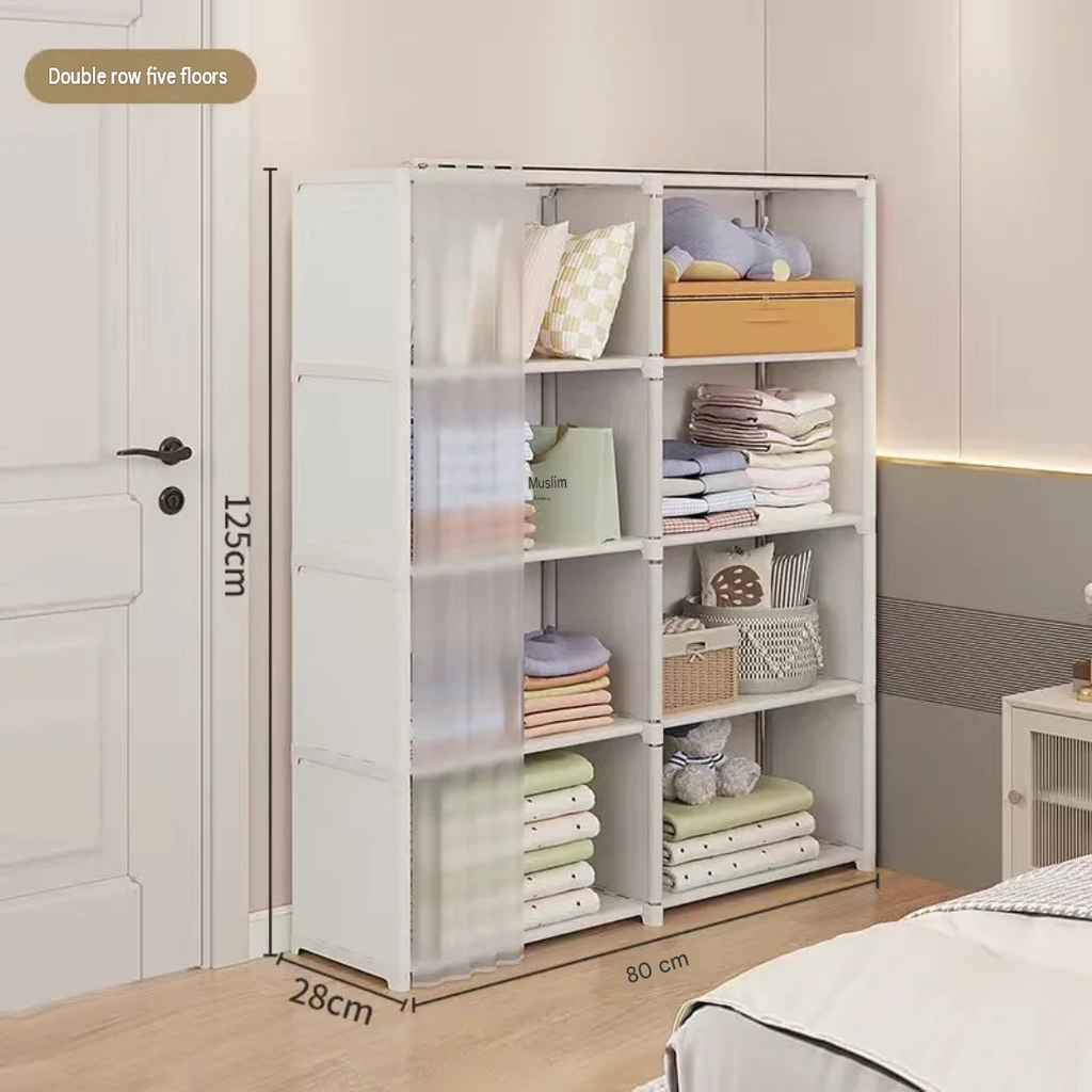 5 Layer Double Portable Clothes Storage Cabinet Wardrobe Organizer Dustproof Closet with Curtains Multifunctional White