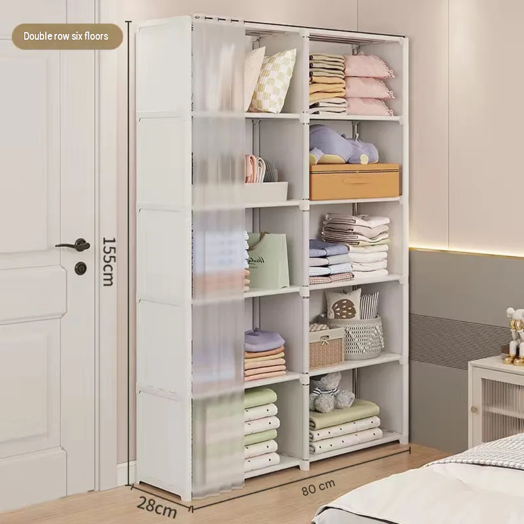 6 Layer Double Portable Clothes Storage Cabinet Wardrobe Organizer Dustproof Closet with Curtains Multifunctional White 80 × 28 × 155cm