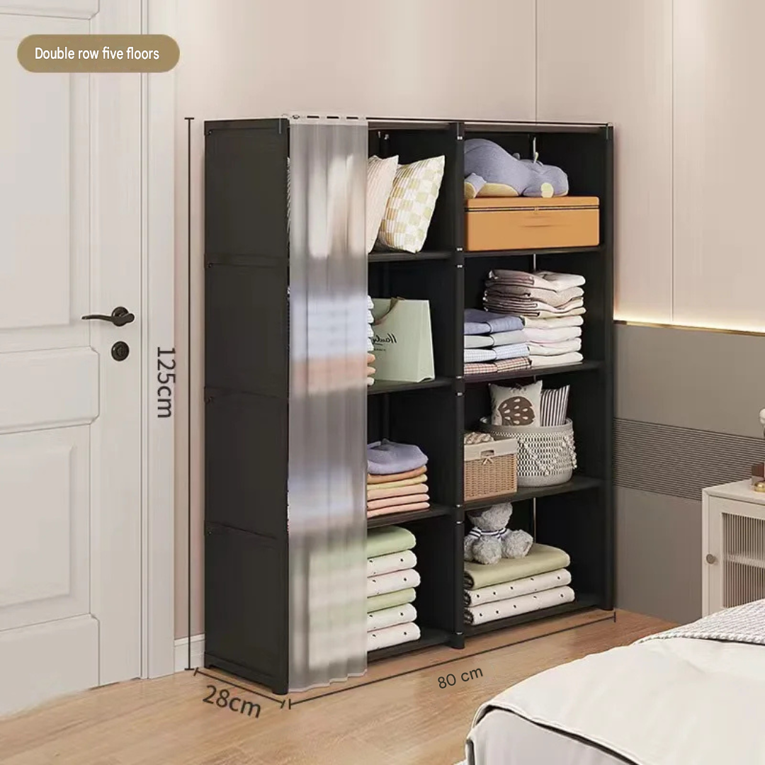 5 Layer Double Portable Clothes Storage Cabinet Wardrobe Organizer Dustproof Closet with Curtains Multifunctional Black 80 × 28 × 125cm