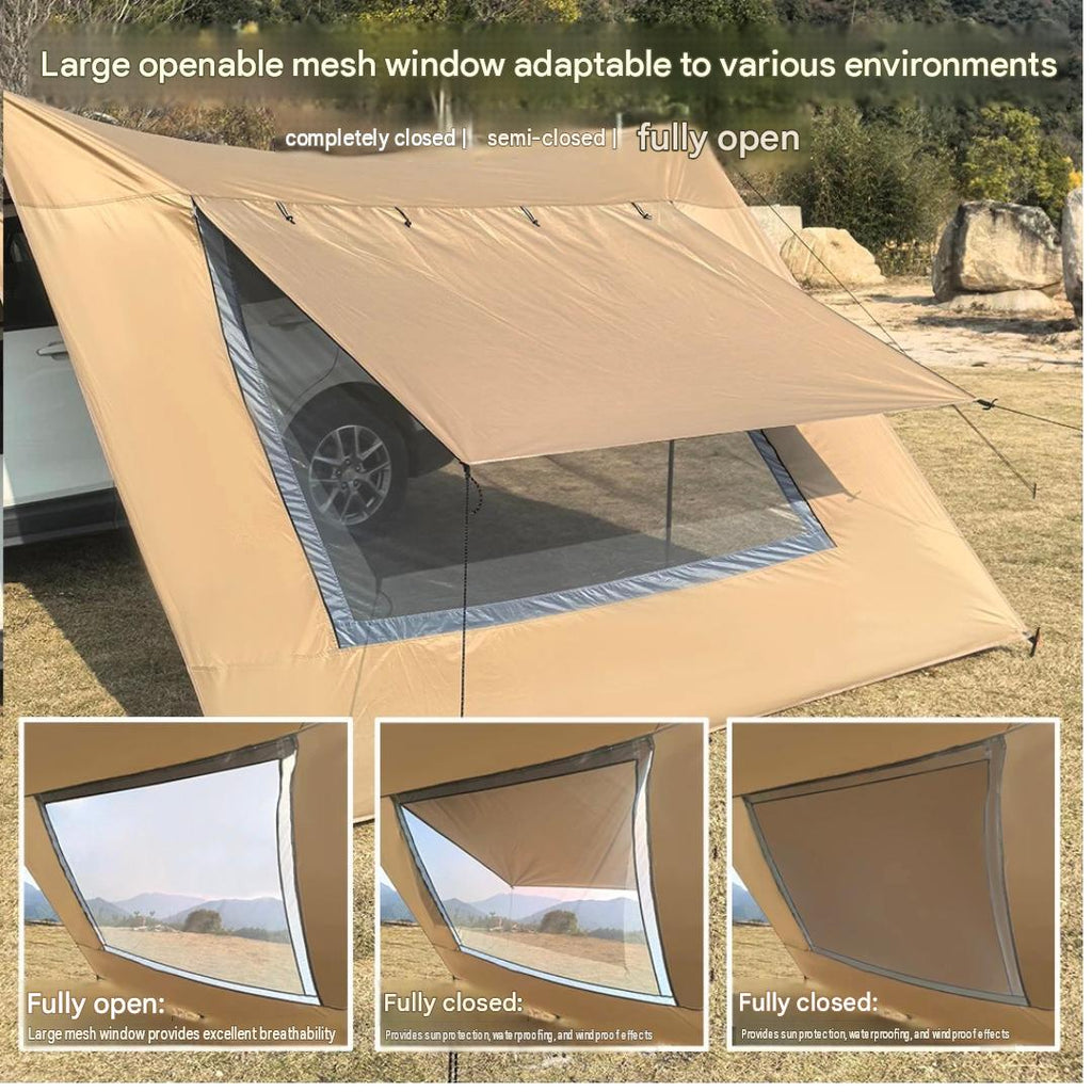 Car Awning Tarp with Mesh Skylight SUV Camping Shelter Waterproof Outdoor Sun Shade Canopy Khaki 280 × 480cm