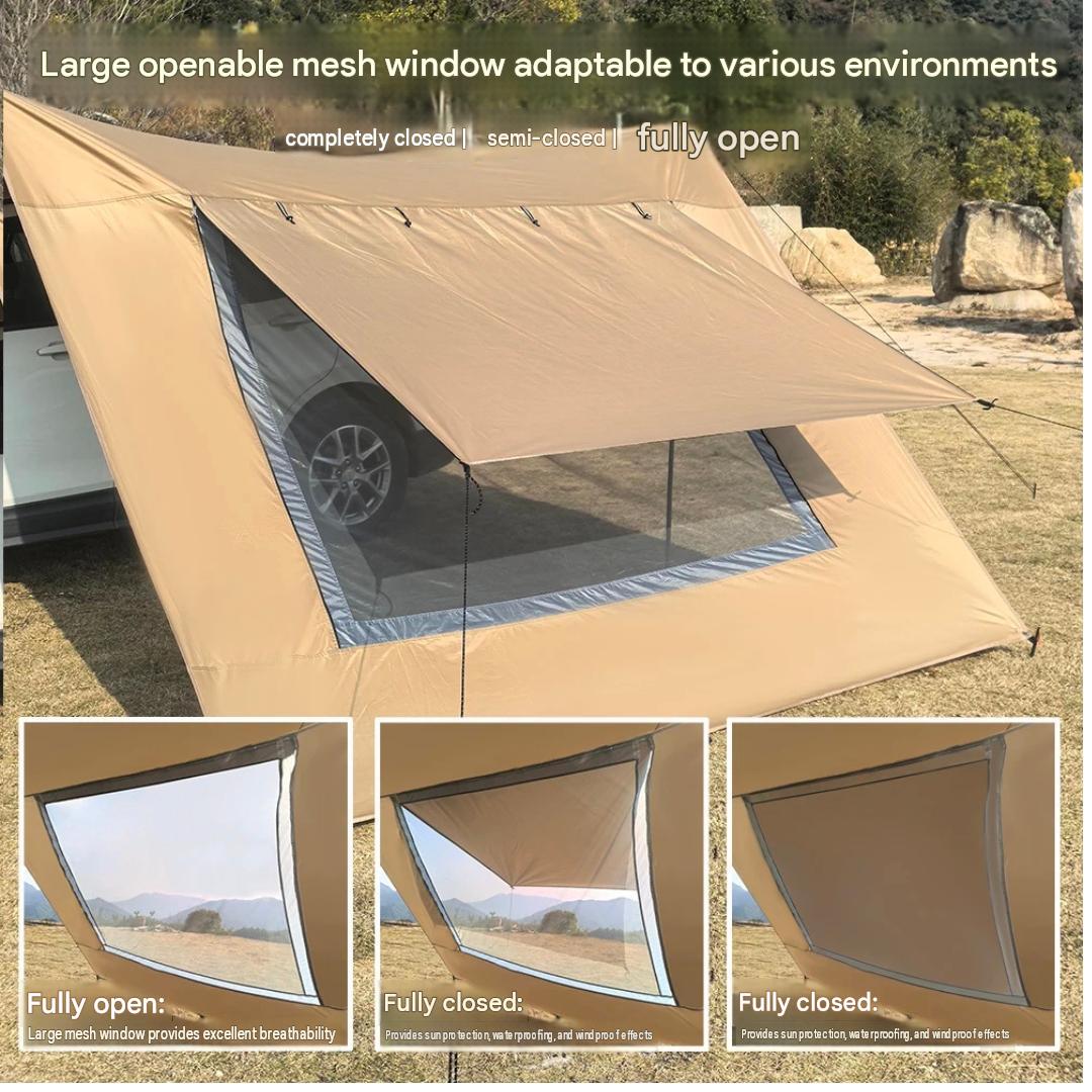 Car Awning Tarp with Mesh Skylight SUV Camping Shelter Waterproof Outdoor Sun Shade Canopy Khaki 280 × 480cm