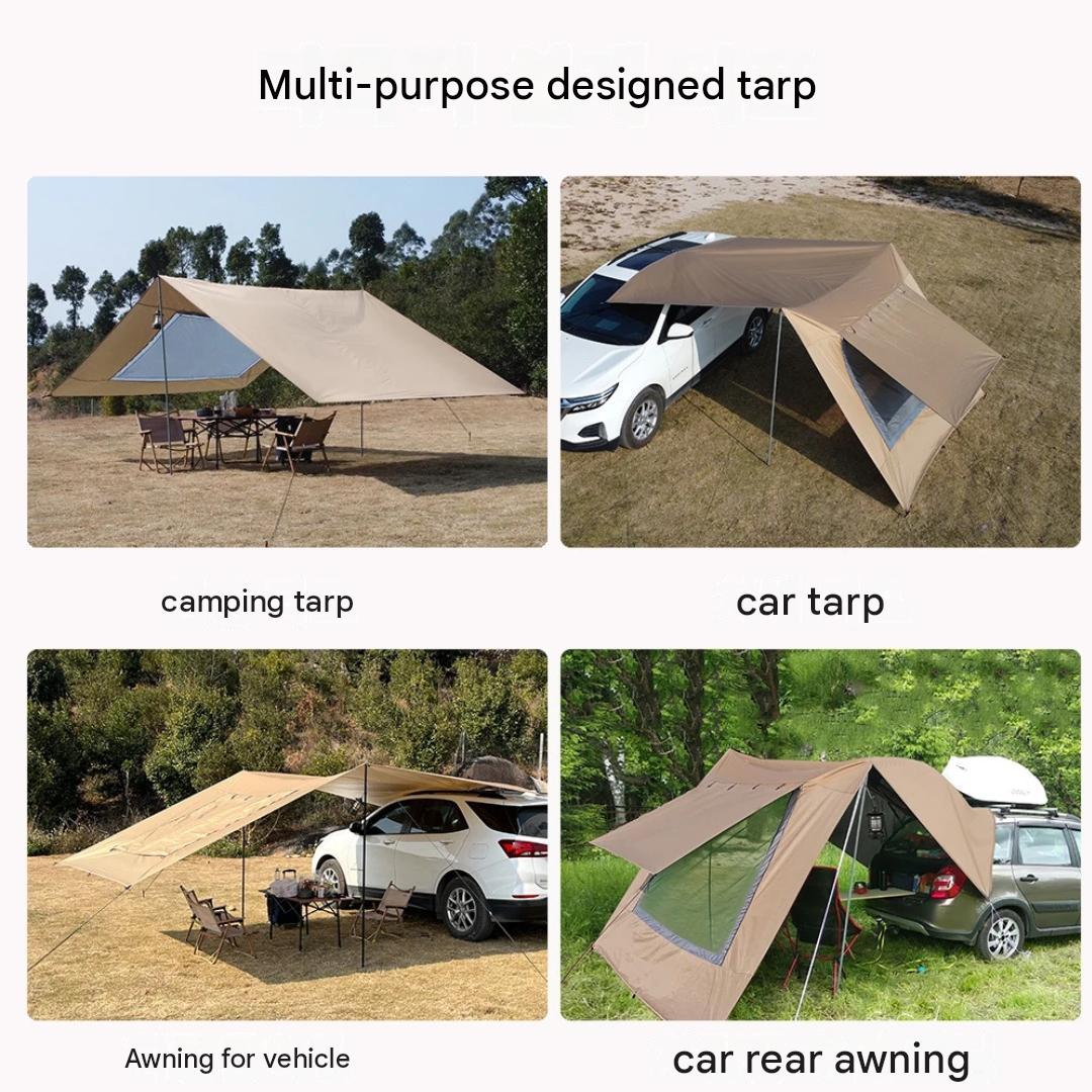 Car Awning Tarp with Mesh Skylight SUV Camping Shelter Waterproof Outdoor Sun Shade Canopy Khaki 280 × 480cm