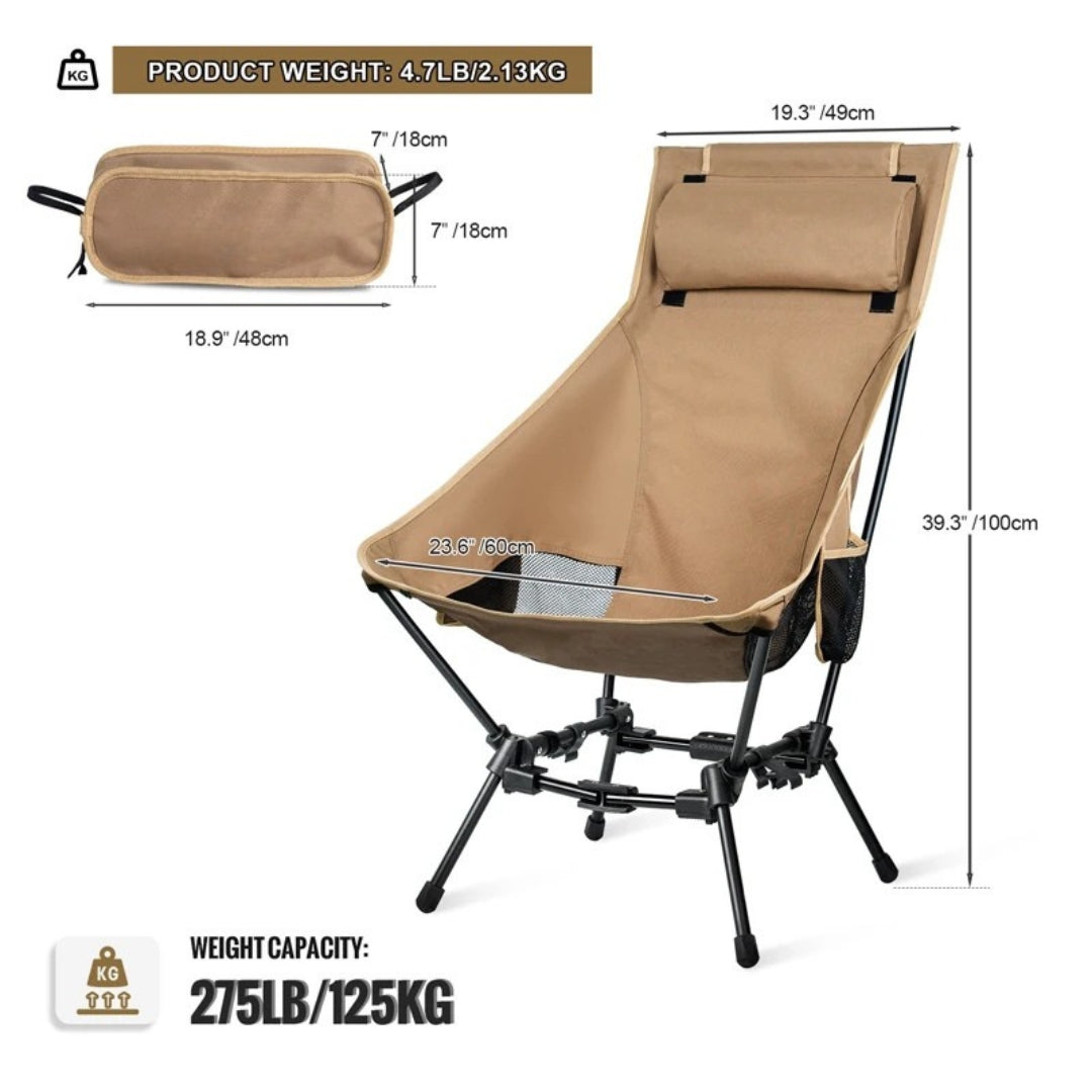 Folding Camping Chair High Back Outdoor Fishing Trekking BBQ Garden Beach Tourist Chair Indoor Use 49 × 60 × 100cm