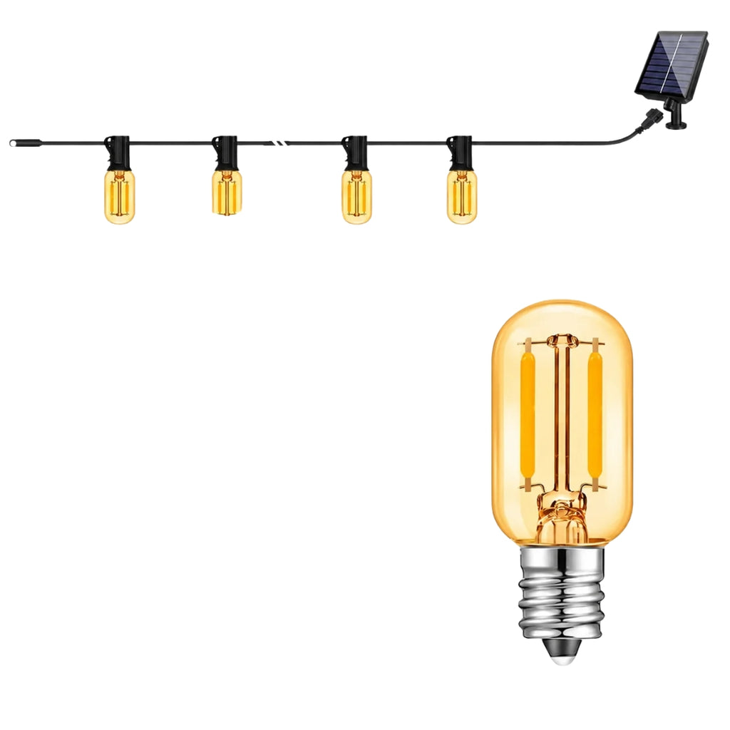 Outdoor Solar String Lights E12 Glass T22 Amber LED Retro Bulbs Waterproof Patio Garden Backyard Bistro Lights 10m 15 Bulbs