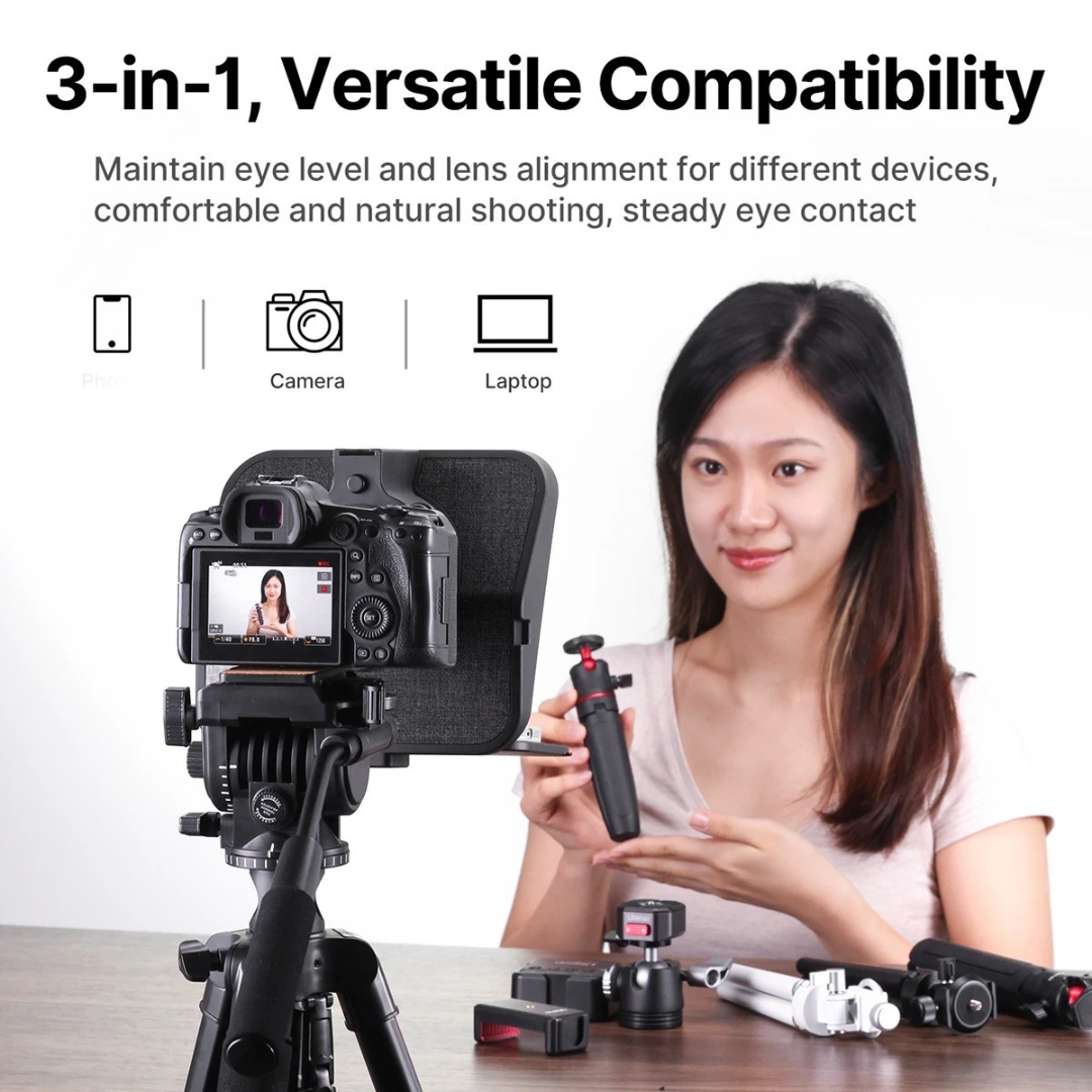 RT02 Universal Teleprompter DSLR Camera Smartphone Tablet Laptop Prompter for Live Streaming Video Recording Black 30×20.3×12.3cm
