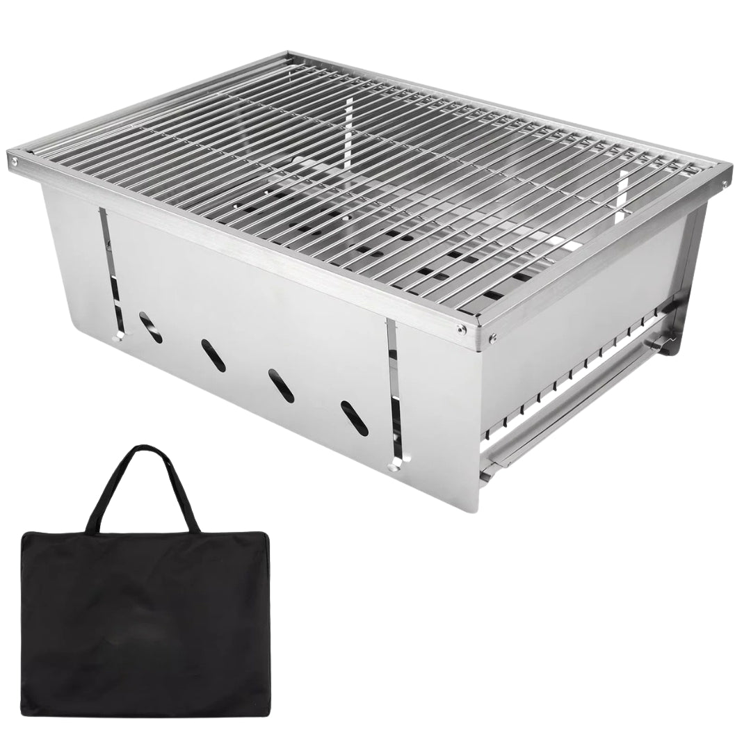 Stainless Steel BBQ Grill 2 Unit Portable Outdoor Camping Stove Folding Firewood IGT Table Barbecue Silver 50 × 36 × 18cm