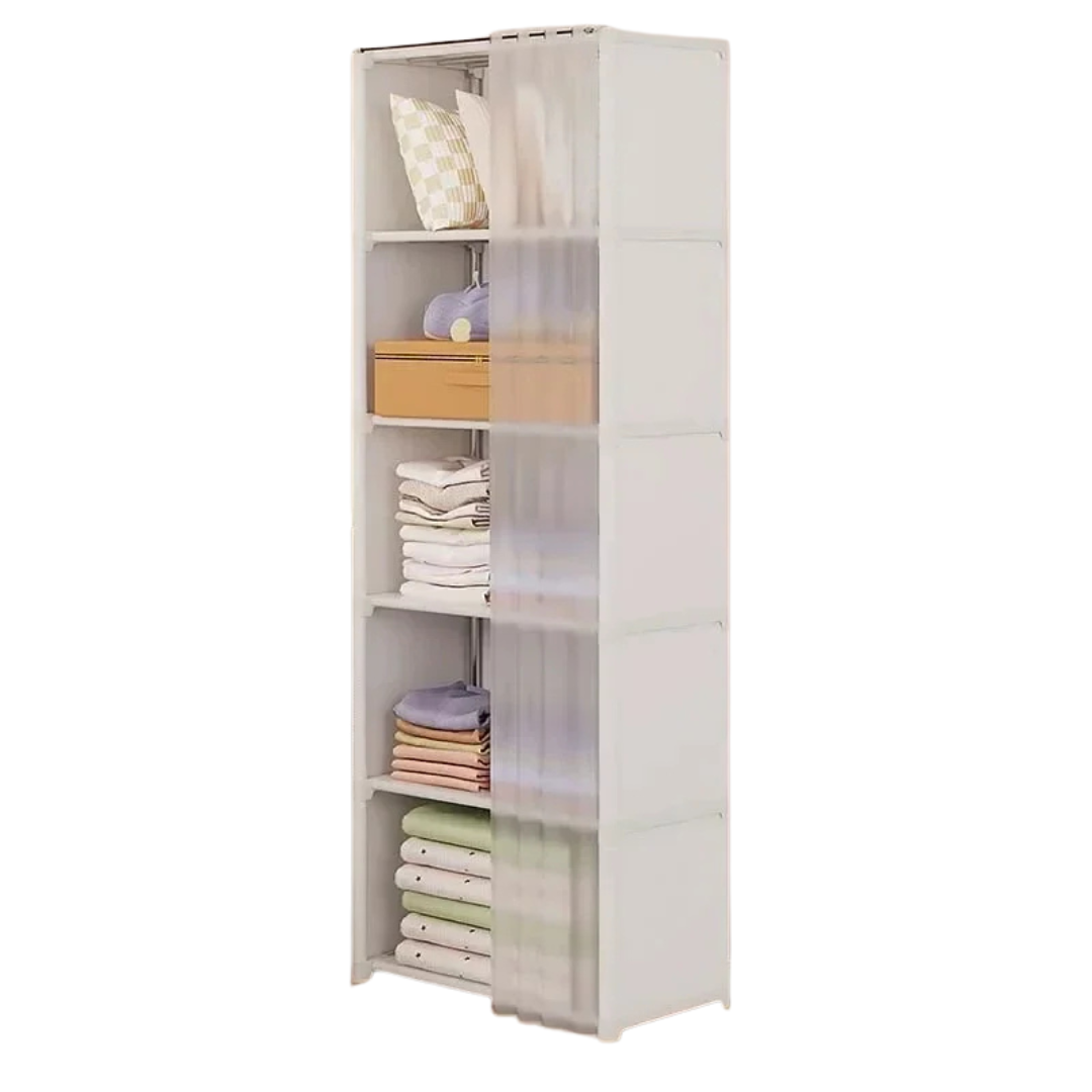 6 Layer Portable Clothes Storage Rack Wardrobe Organizer Cabinet Dustproof Closet with Curtains Multifunctional White