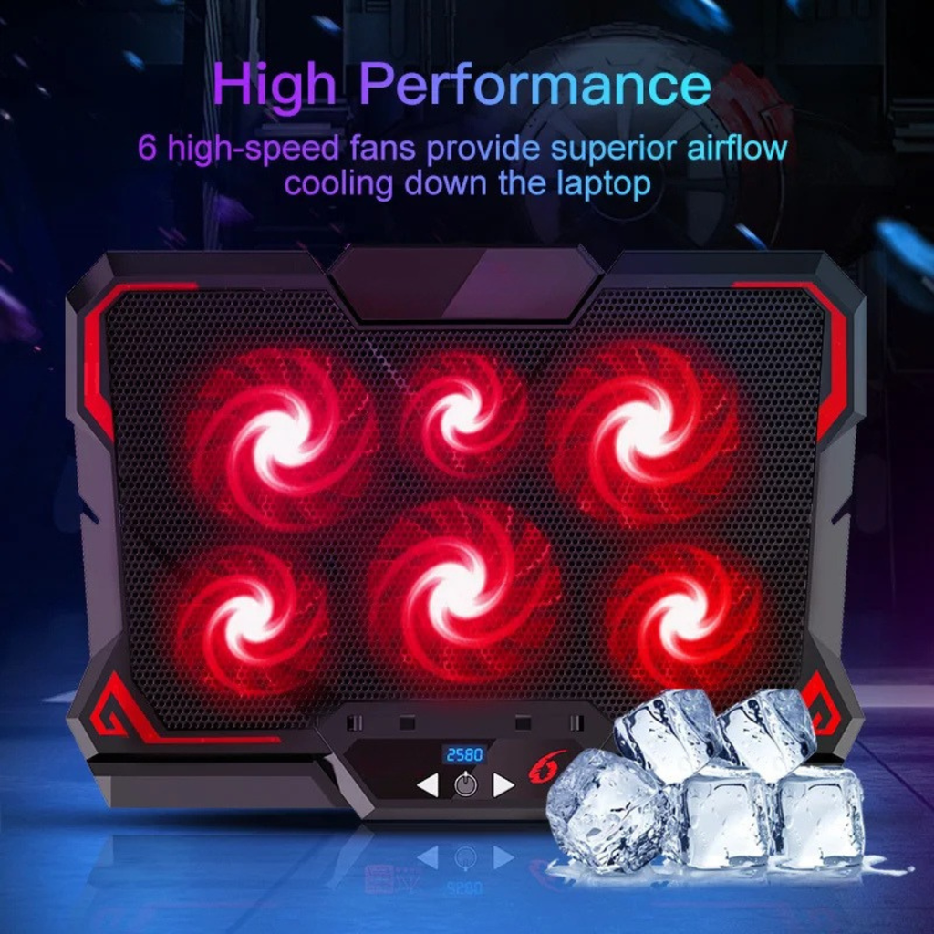 43cm Gaming Laptop Cooling Pad Six Fan 2600RPM Notebook Cooler Stand Two USB Port Laptop Cooling Stand Red Without Screen