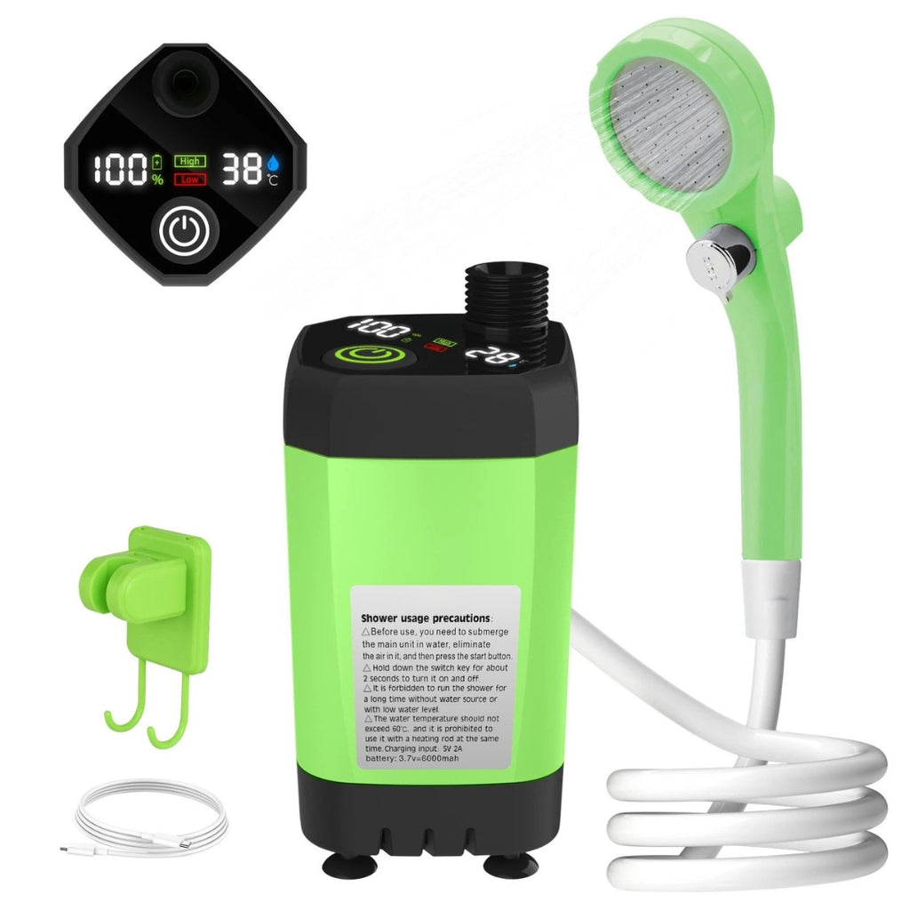 Portable Camping Shower Pump Kit with Digital Display 6000mAh Battery Outdoor RV Shower Green Full Screen