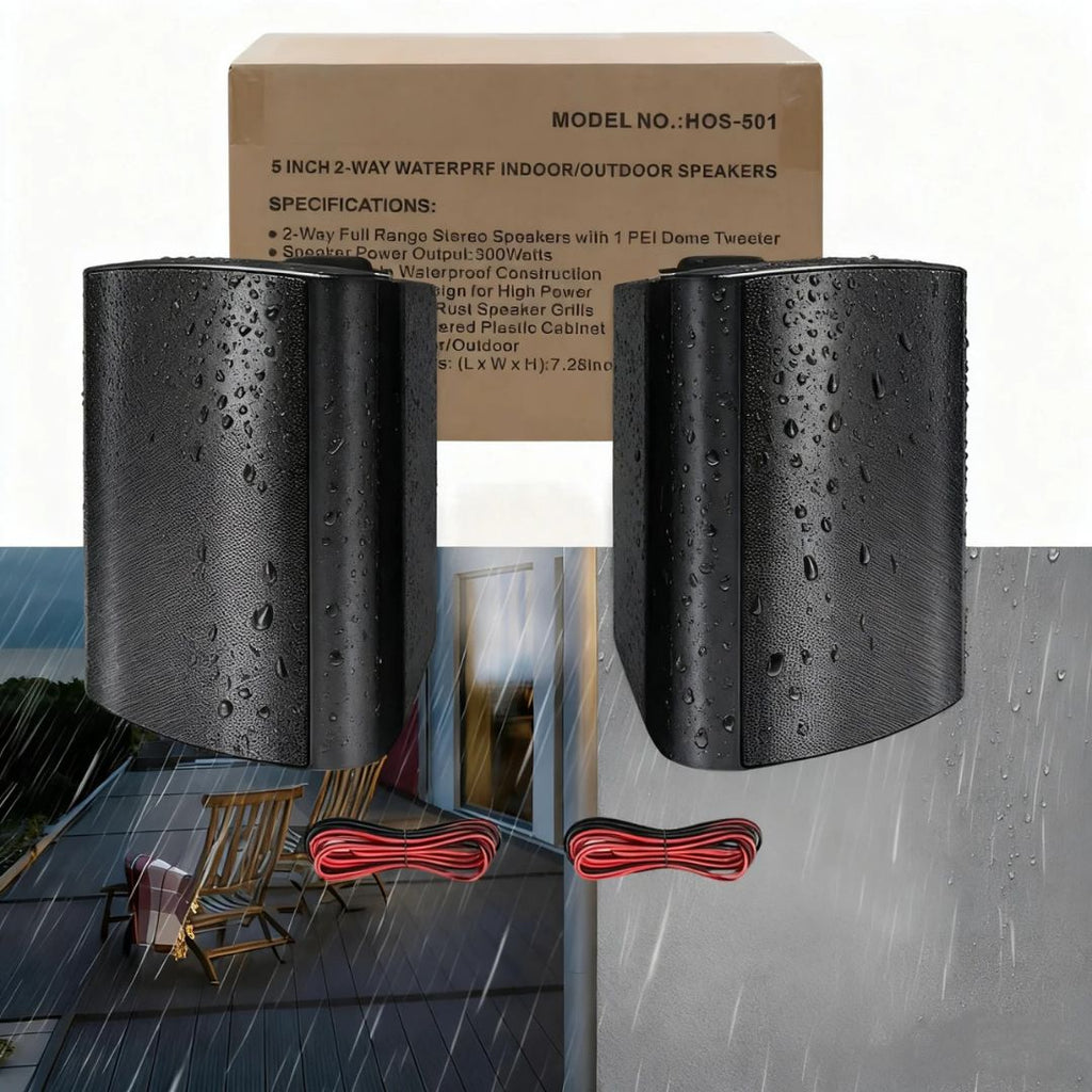 Outdoor Wall Mount Speakers 300W Waterproof Passive Wired Audio System 2 Pack Black 24.3x18.5x16.7cm