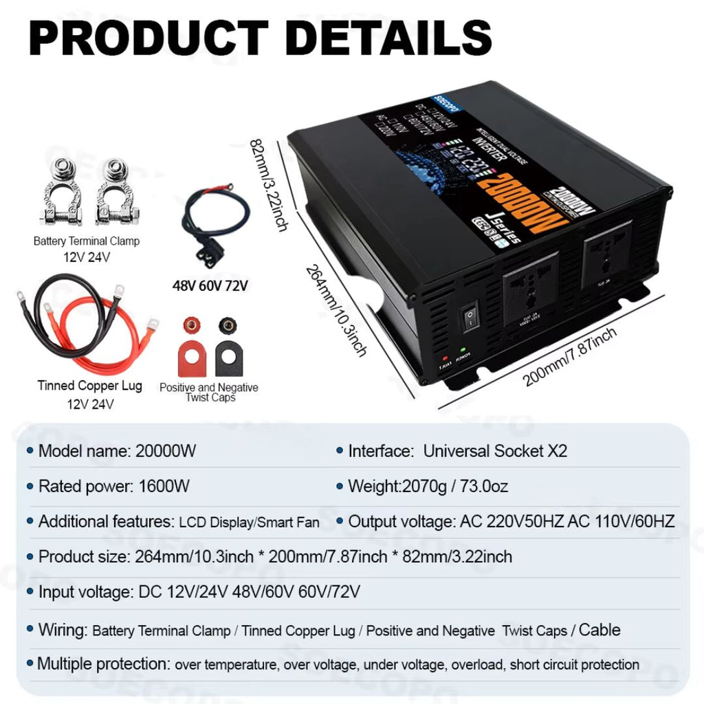 20000W Smart Power Inverter DC 12V to AC 220V Dual Input Solar Camping Inverter for Home 26.4x20x8.2cm