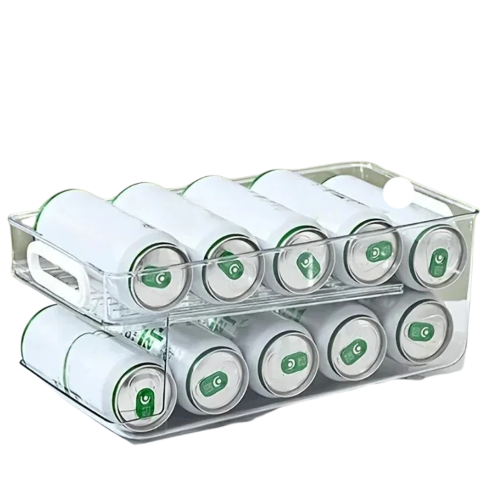 2 Tier Soda Can Dispenser Refrigerator Organizer Stackable Drink Storage Bin Clear Plastic Fridge Organizer Rack 35.5×19.2×15cm