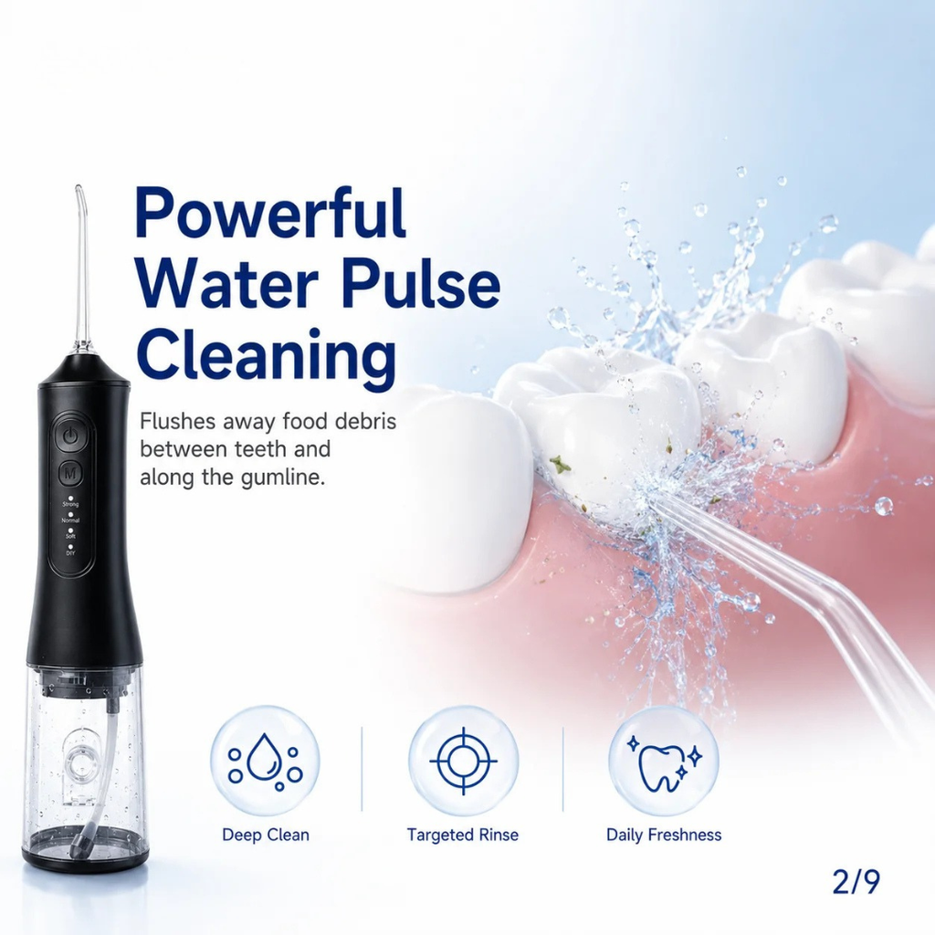 YD06 Cordless Oral Irrigator Water Flosser 300ML Portable Water Jet USB-C Fast Charge 7 Nozzles 4 Modes IPX7 Black