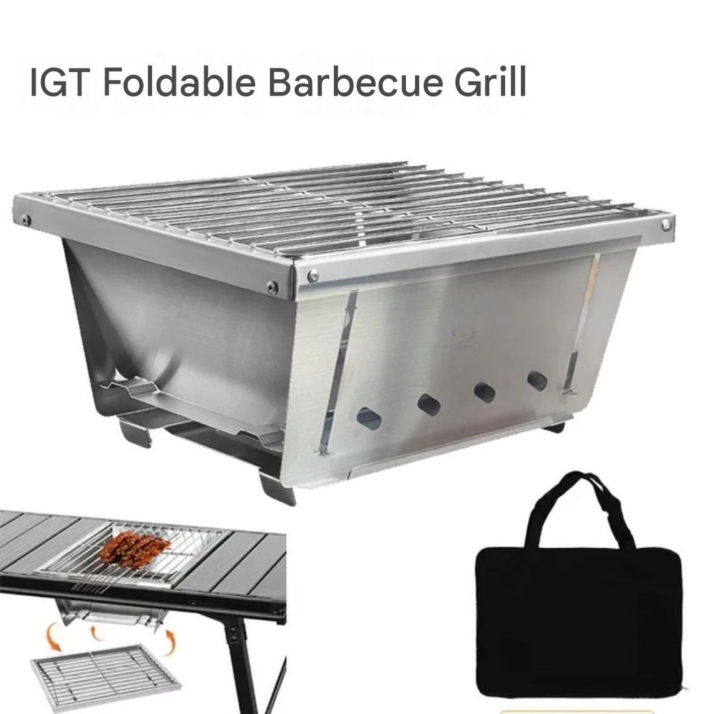 Stainless Steel BBQ Grill 2 Unit Portable Outdoor Camping Stove Folding Firewood IGT Table Barbecue Silver 50 × 36 × 18cm