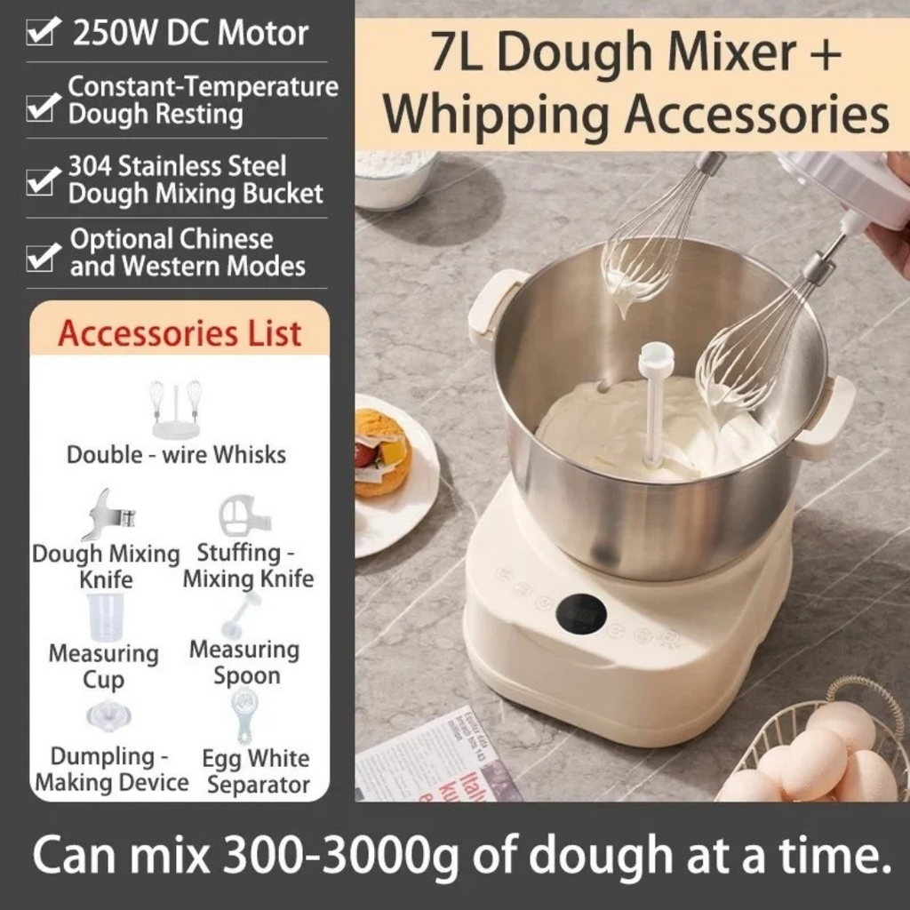Electric Dough Mixer 250W DC Motor 7L Stainless Steel Bowl Timed Fermentation All-in-One Kitchen Mixer with Whisk 34.5×32.5×36cm