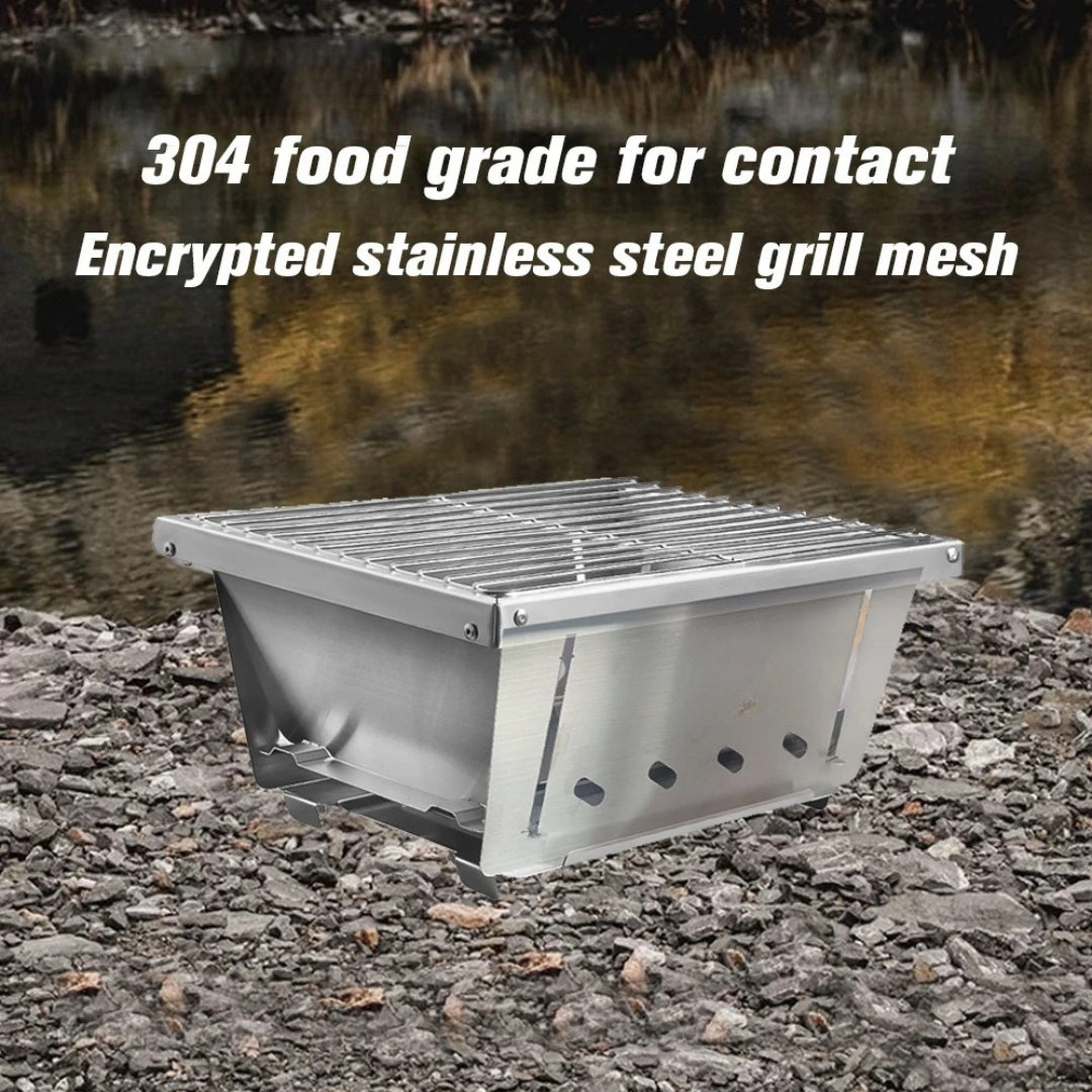 Stainless Steel BBQ Grill 2 Unit Portable Outdoor Camping Stove Folding Firewood IGT Table Barbecue Silver 50 × 36 × 18cm