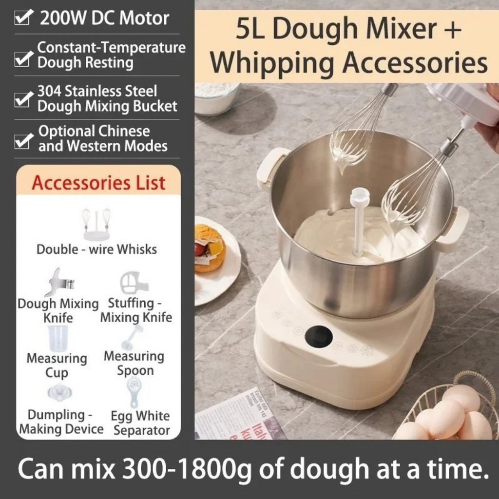 Electric Dough Mixer 250W DC Motor 5L Stainless Steel Bowl Timed Fermentation All-in-One Kitchen Mixer with Whisk 34.5×32.5×33cm