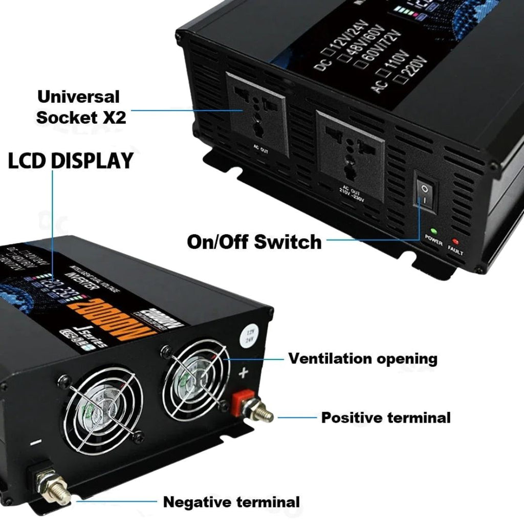 20000W Smart Power Inverter DC 12V to AC 110V Dual Voltage Input for Solar Camping Home 26.4x20x8.2cm