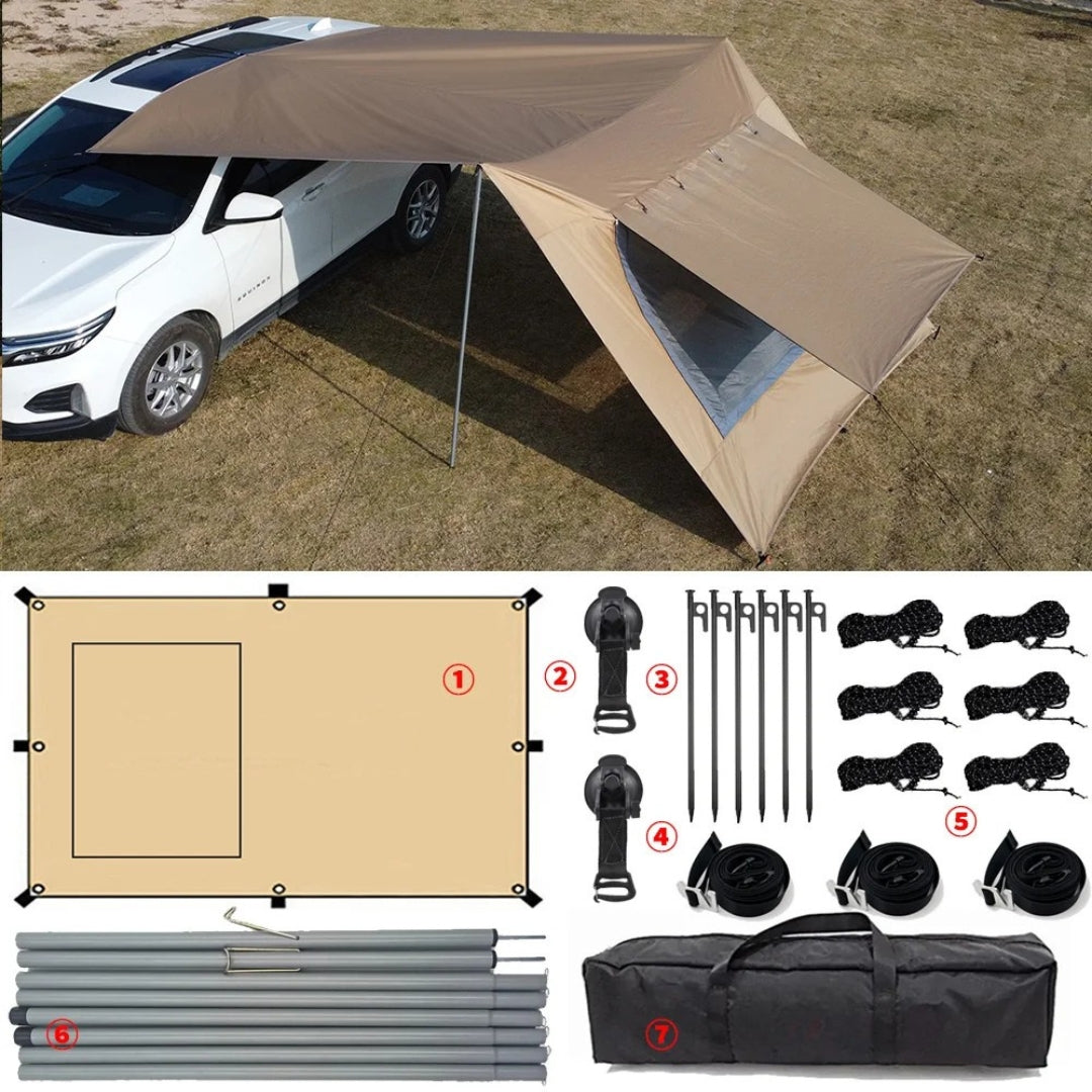 Car Awning Tarp with Mesh Skylight SUV Camping Shelter Waterproof Outdoor Sun Shade Canopy Khaki 280 × 480cm Set