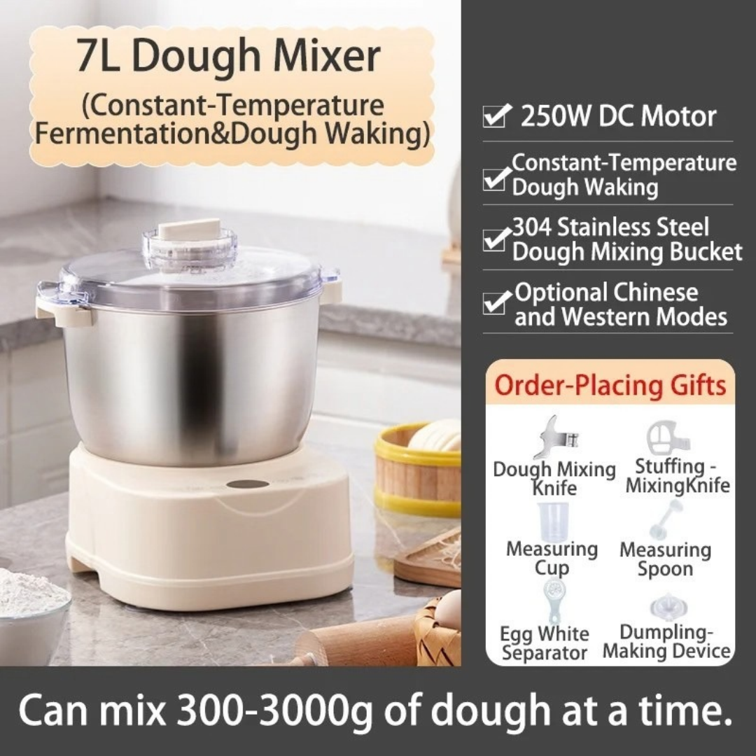 Electric Dough Mixer 250W DC Motor 7L Stainless Steel Bowl Timed Fermentation All-in-One Kitchen Mixer 34.5×32.5×36cm