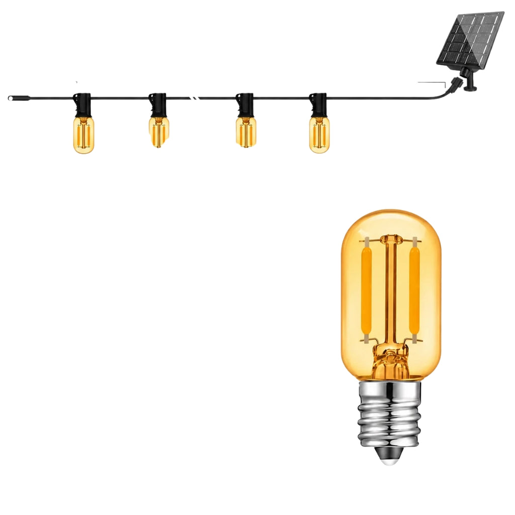 Outdoor Solar String Lights E12 Glass T22 Amber LED Retro Bulbs Waterproof Patio Garden Backyard Bistro 30m 50 Bulbs