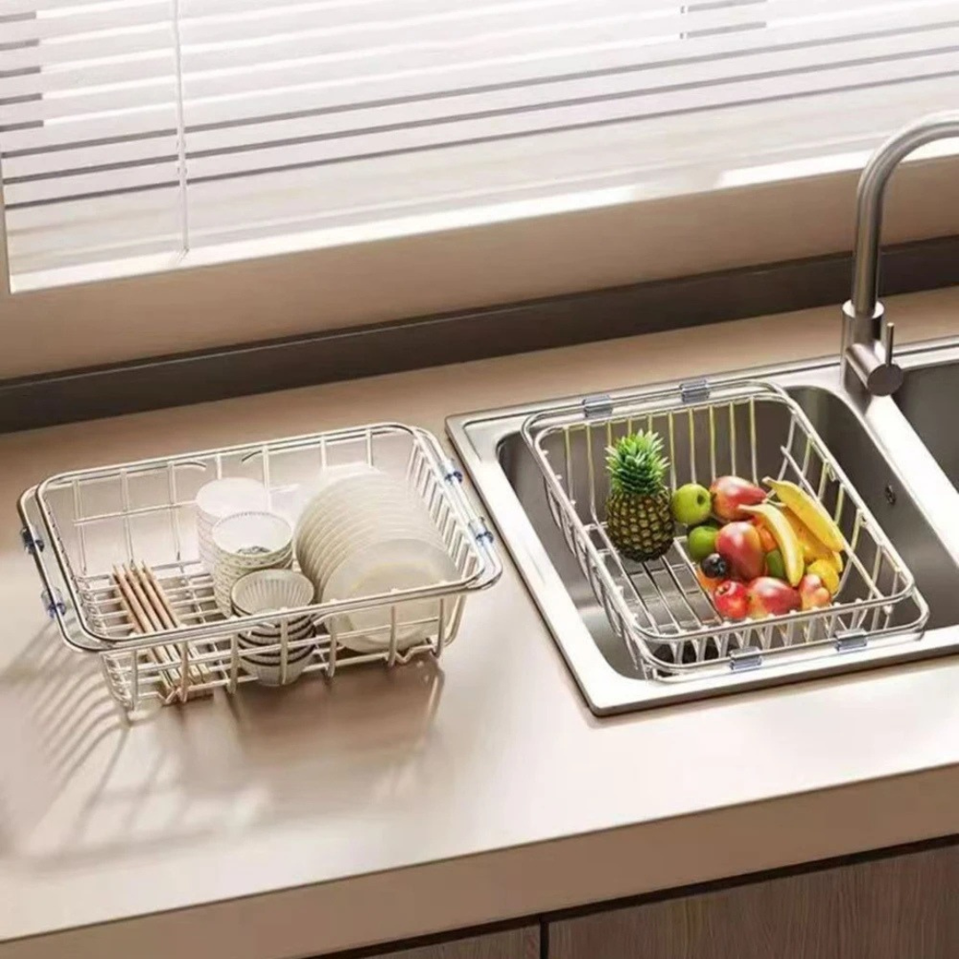 Stainless Steel Telescopic Sink Drain Rack Non Slip Dish Drying Kitchen Bathroom Countertop Organizer Adjustable 38-54×28×10.5cm