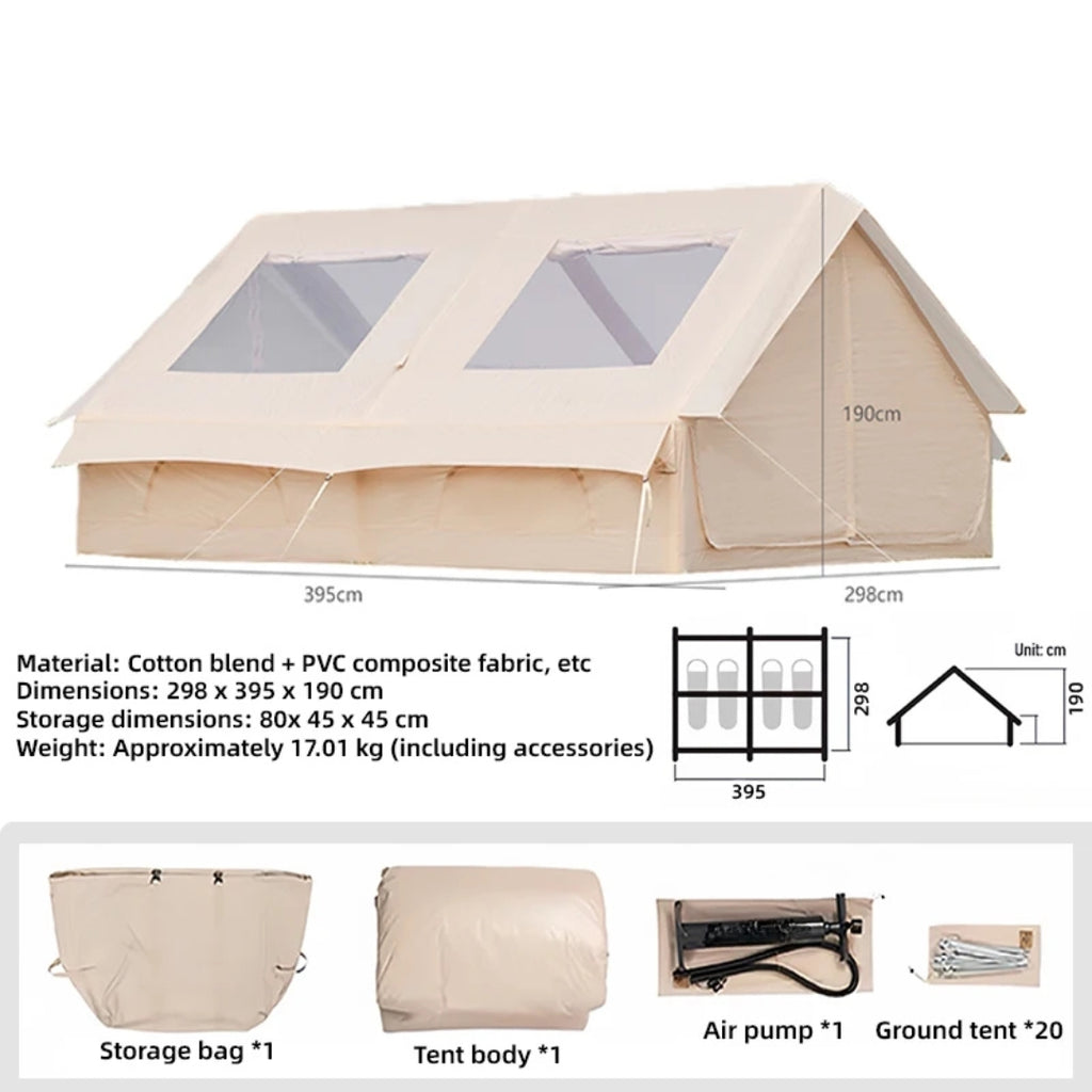 12m² Inflatable Camping Tent with Air Pump Storage Bags Outdoor Hiking Family Shelter Beige 395 × 298 × 190cm