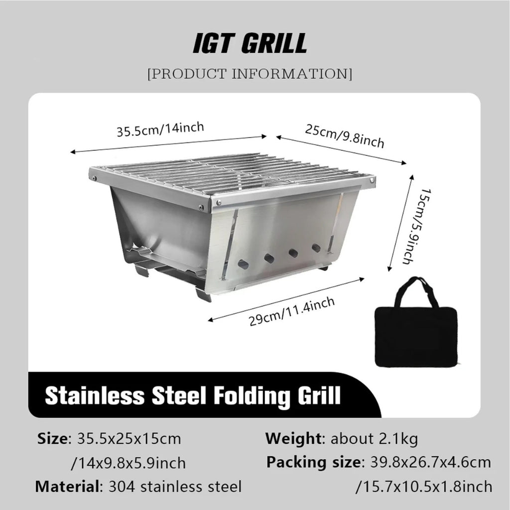 Stainless Steel BBQ Grill 2 Unit Portable Outdoor Camping Stove Folding Firewood IGT Table Barbecue Silver 50 × 36 × 18cm