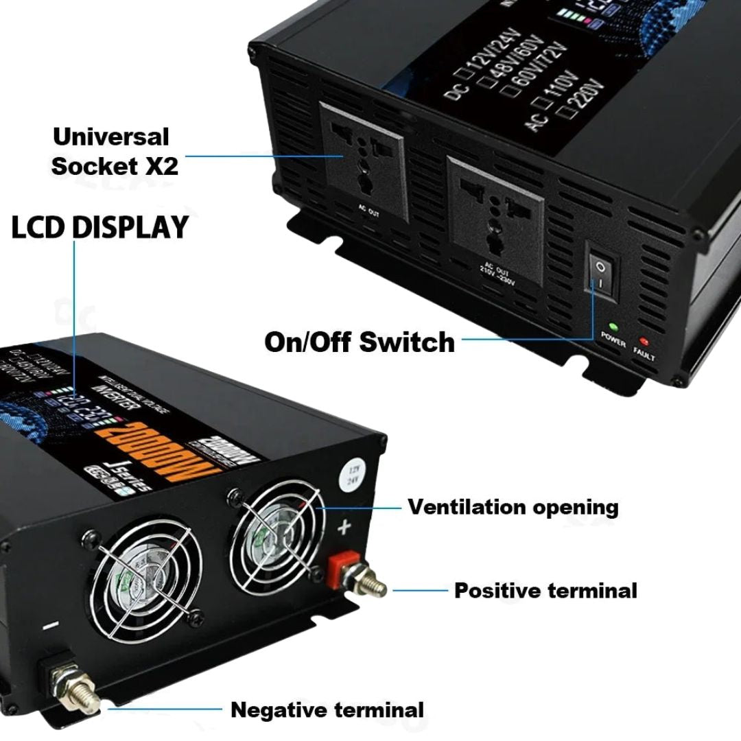 20000W Smart Power Inverter DC 12V to AC 220V Dual Input Solar Camping Inverter for Home 26.4x20x8.2cm