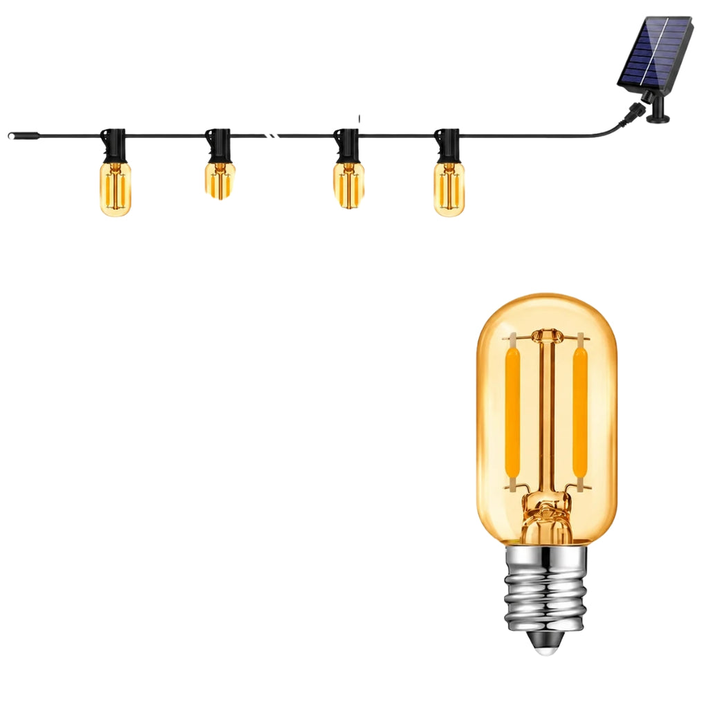 Outdoor Solar String Lights E12 Glass T22 Amber LED Retro Bulbs Waterproof Patio Garden Backyard Bistro 18m 30 Bulbs