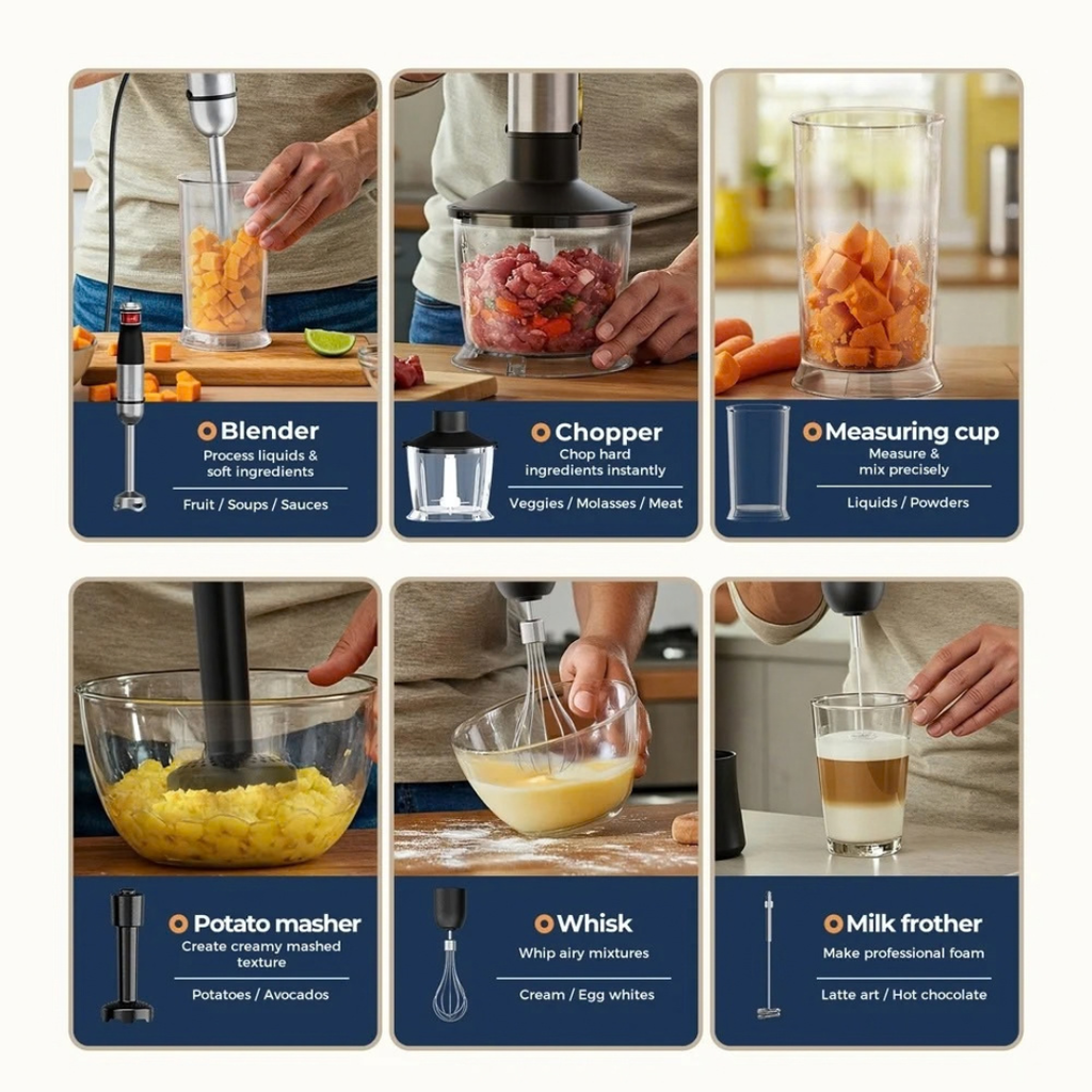 1500W 6-in-1 Handheld Stick Blender Immersion Mixer Stainless Steel Blades Electric Kitchen Food Processor Black AU Plug
