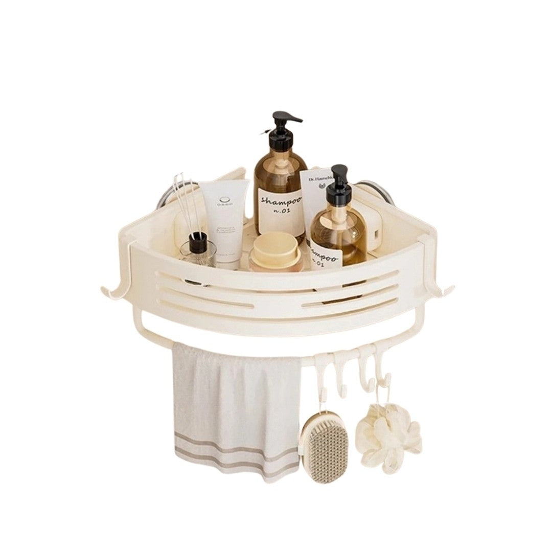 Pro Shower Corner Bathroom Shelf with Towel Holder Hooks Suction Cup Wall Mounted Space Aluminium Rack White 30 × 22 × 8.3cm