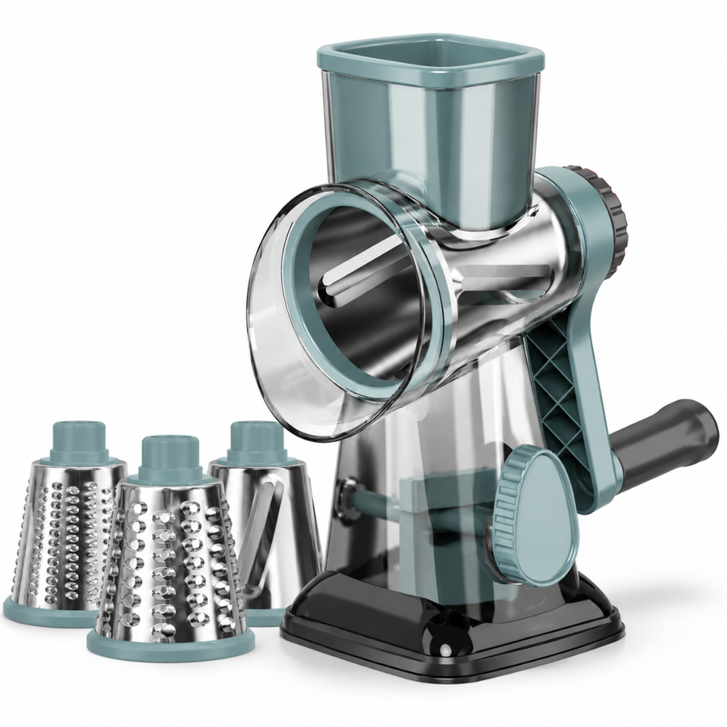 3-in-1 Rotary Cheese Grater Manual Vegetable Slicer Nut Grinder Multifunctional Kitchen Tool Clear 7.6×10.8×23.5cm