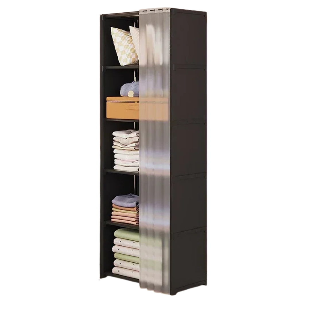 6 Layer Portable Clothes Storage Rack Wardrobe Organizer Cabinet Dustproof Closet with Curtains Multifunctional Black