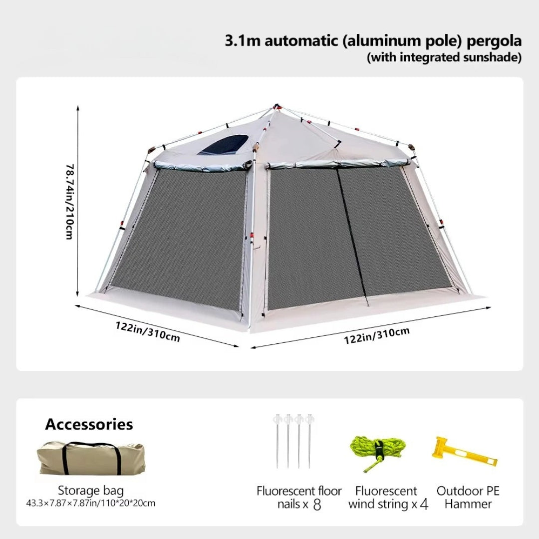 Automatic Quick Open Camping Tent Waterproof Sunshade Canopy Aluminium Poles Mosquito Net Outdoor Shelter Grey 310 × 310 × 210cm