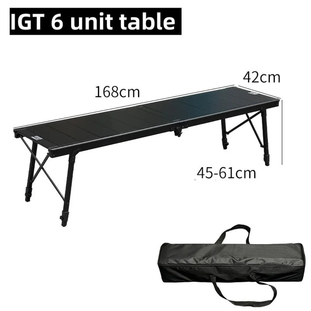 IGT 6 Unit Camping Table Aluminium Alloy Portable Folding BBQ Picnic Desk Outdoor Ultralight Table Black 168 × 42 × 61cm