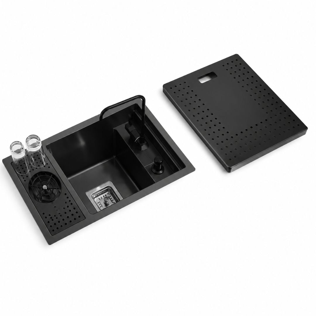 Black Stainless Steel Kitchen Sink 55x32cm Single Bowl Bar Sink with Cup Washer Built In Design