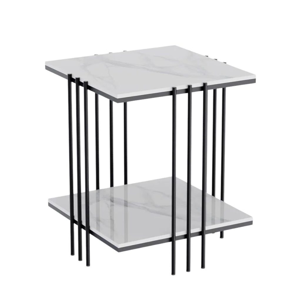 2 Tier Square Side Table 44.5x44.5x55.5cm Marble Top Black Metal Frame Living Room Coffee Table