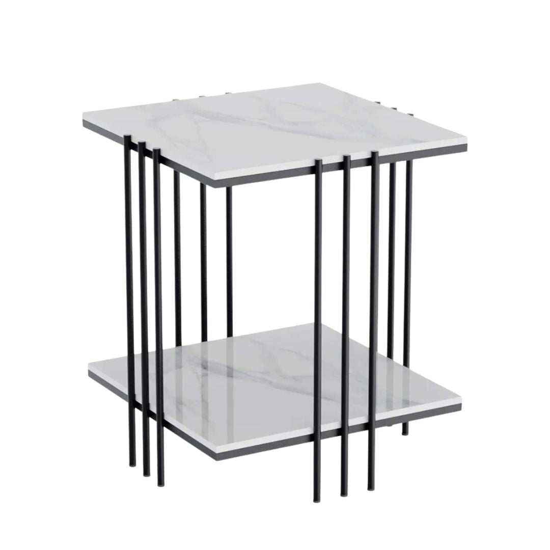 2 Tier Square Side Table 44.5x44.5x55.5cm Marble Top Black Metal Frame Living Room Coffee Table